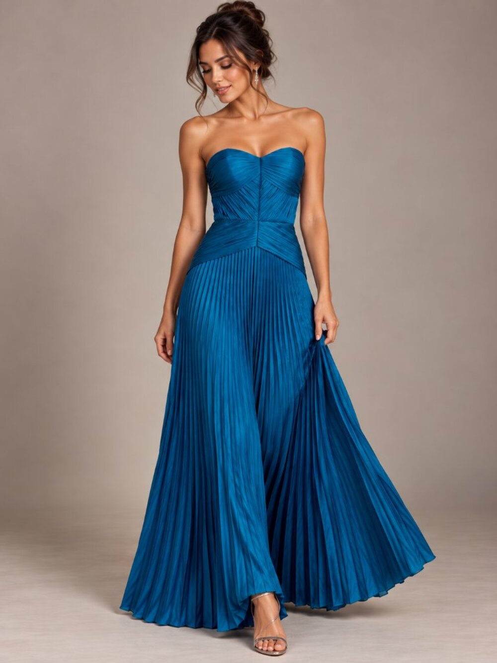 Strapless Sweetheart Pleated Metallic Blue Maxi Evening Dress